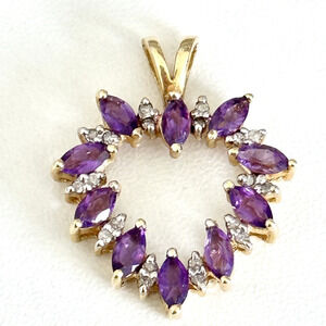 14K Yellow Gold Marquise Amethyst & Diamond Open Heart Love Theme Pendant
